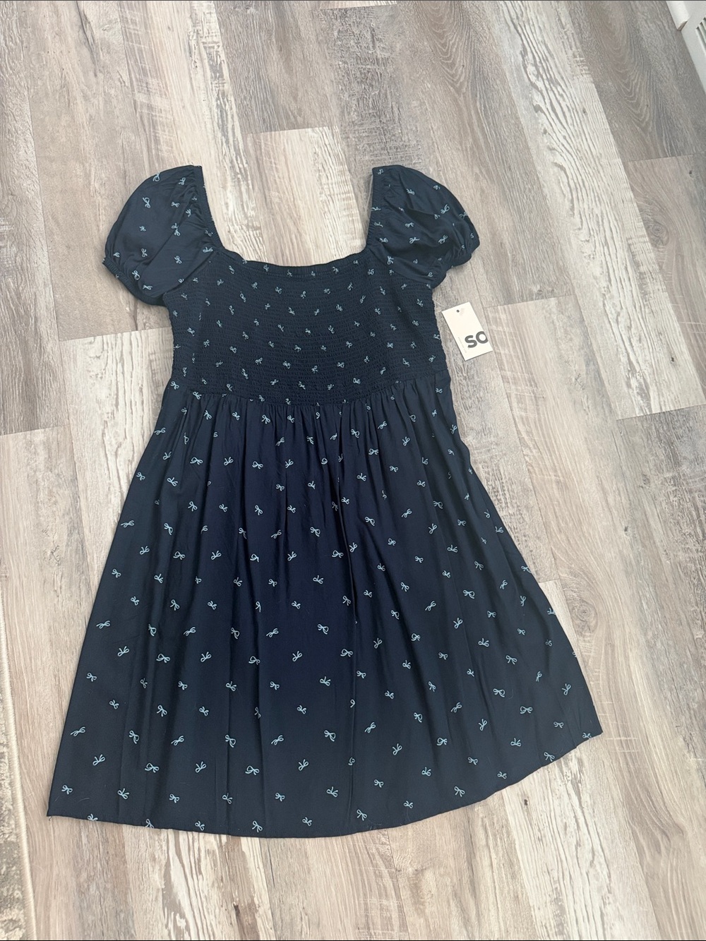 SO Navy Puff-Sleeve Smocked Dress with Tiny Bow Motif NWT